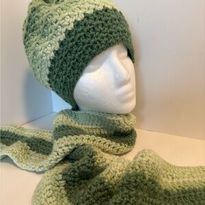 Green Crochet Handcrafted Knitted Hat and Scarf Set